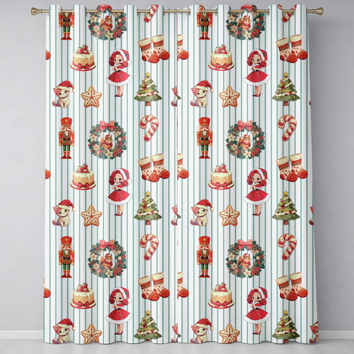 Nutcracker  Wreath Cake Girl Christmas Tree on Green Stripe Background Seamless  Readymade Eyelet Ring Top Thermal 100% Blackout Curtains