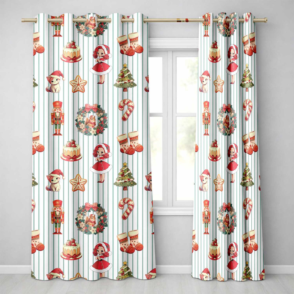 Nutcracker  Wreath Cake Girl Christmas Tree on Green Stripe Background Seamless  Readymade Eyelet Ring Top Thermal 100% Blackout Curtains