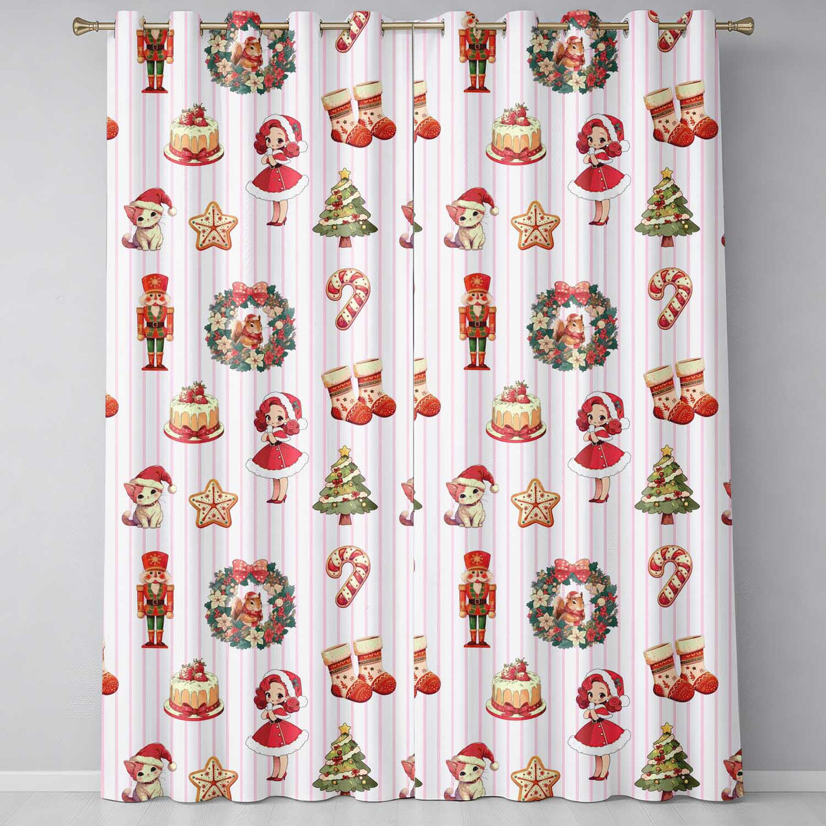 Nutcracker  Wreath Cake Girl Christmas Tree on Pink Stripe Background Seamless  Readymade Eyelet Ring Top Thermal 100% Blackout Curtains