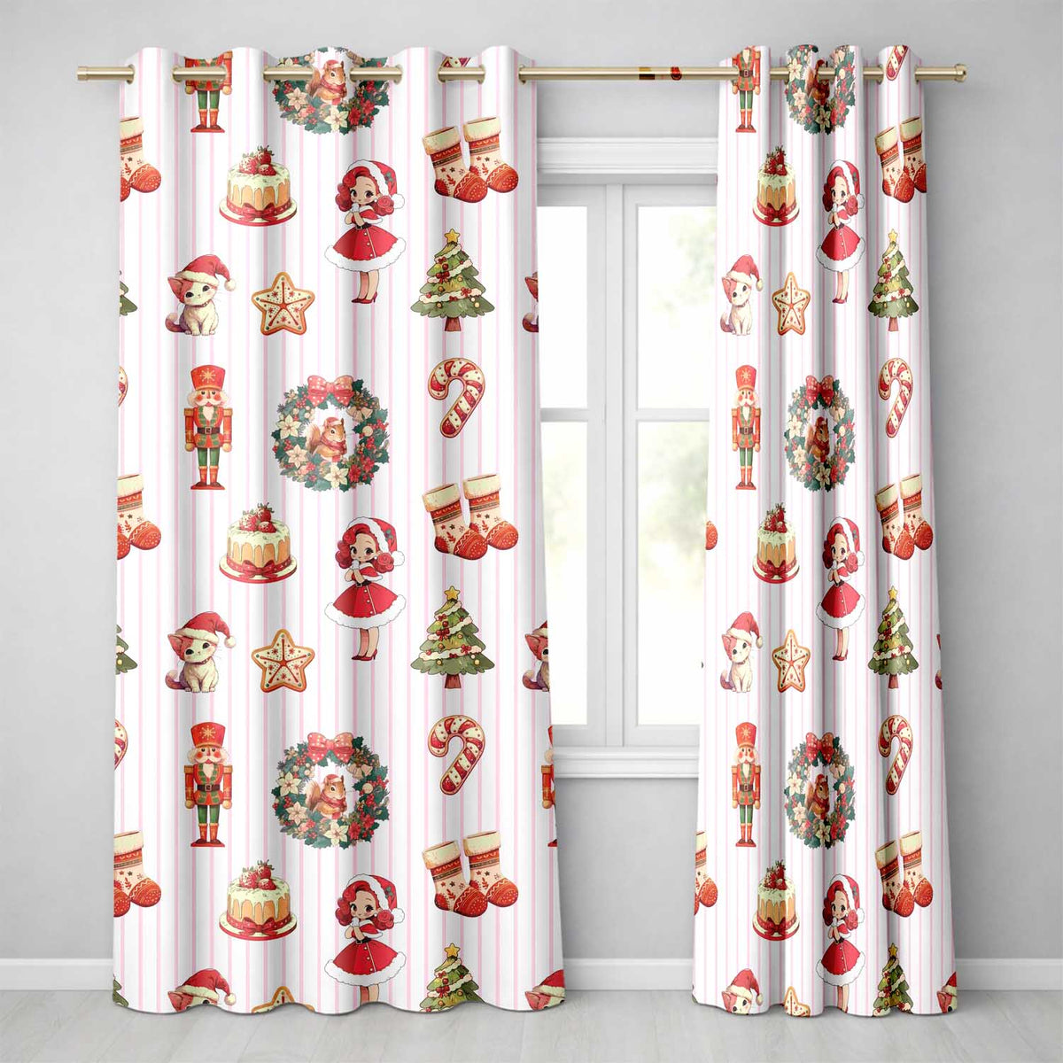Nutcracker  Wreath Cake Girl Christmas Tree on Pink Stripe Background Seamless  Readymade Eyelet Ring Top Thermal 100% Blackout Curtains