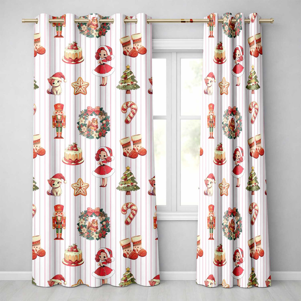 Nutcracker  Wreath Cake Girl Christmas Tree on Beige Stripe Background Seamless  Readymade Eyelet Ring Top Thermal 100% Blackout Curtains
