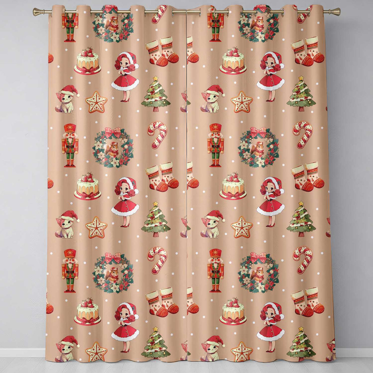 Nutcracker  Wreath Cake Girl on Peach Background with Snow Dots Seamless  Readymade Eyelet Ring Top Thermal 100% Blackout Curtains