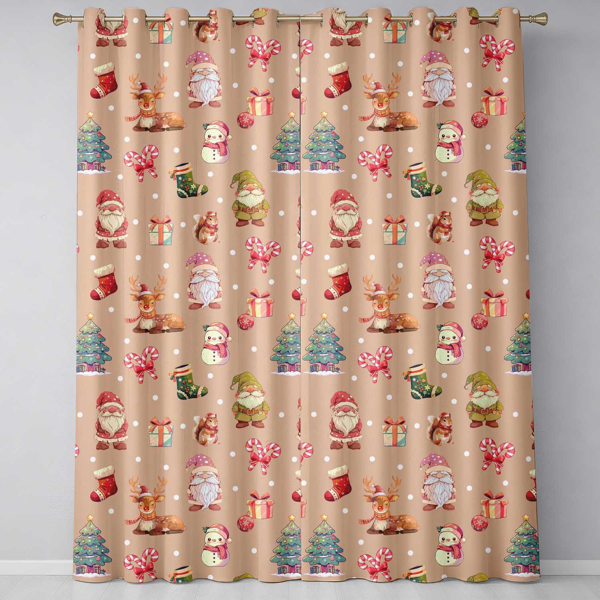 Christmas Gnome Reindeer Snowman Gift  on Peach Snow Dot Background Seamless  Readymade Eyelet Ring Top Thermal 100% Blackout Curtains