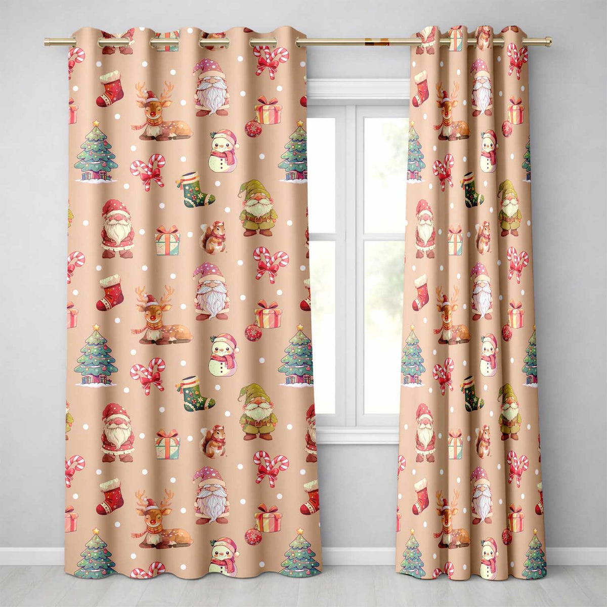 Christmas Gnome Reindeer Snowman Gift  on Peach Snow Dot Background Seamless  Readymade Eyelet Ring Top Thermal 100% Blackout Curtains