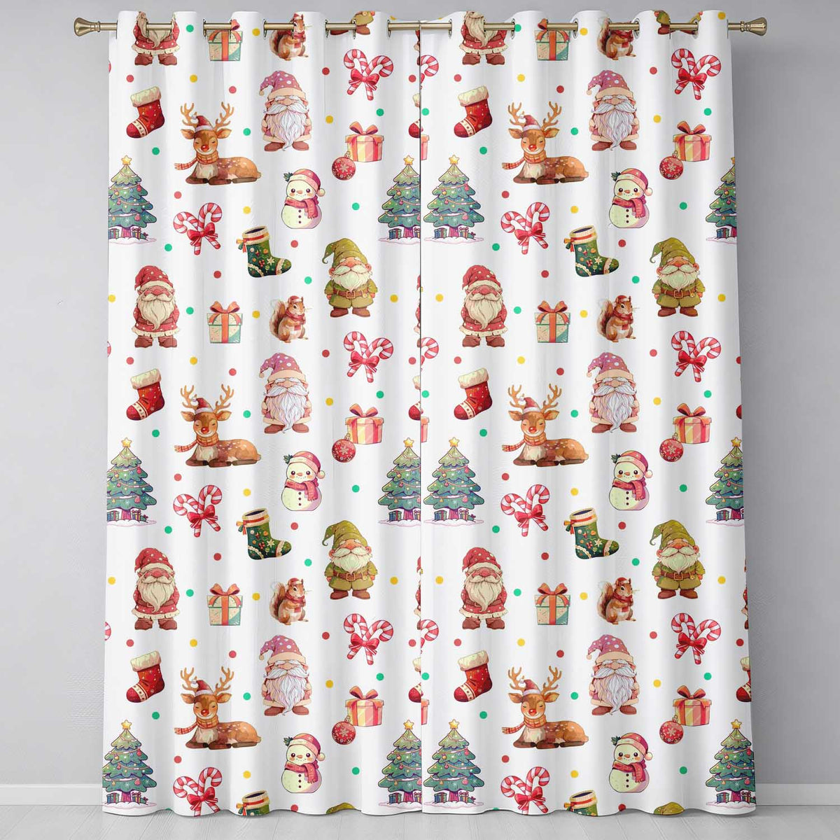 Christmas Gnome Reindeer Snowman Gift  on Cream Polka Dot Background Seamless  Readymade Eyelet Ring Top Thermal 100% Blackout Curtains