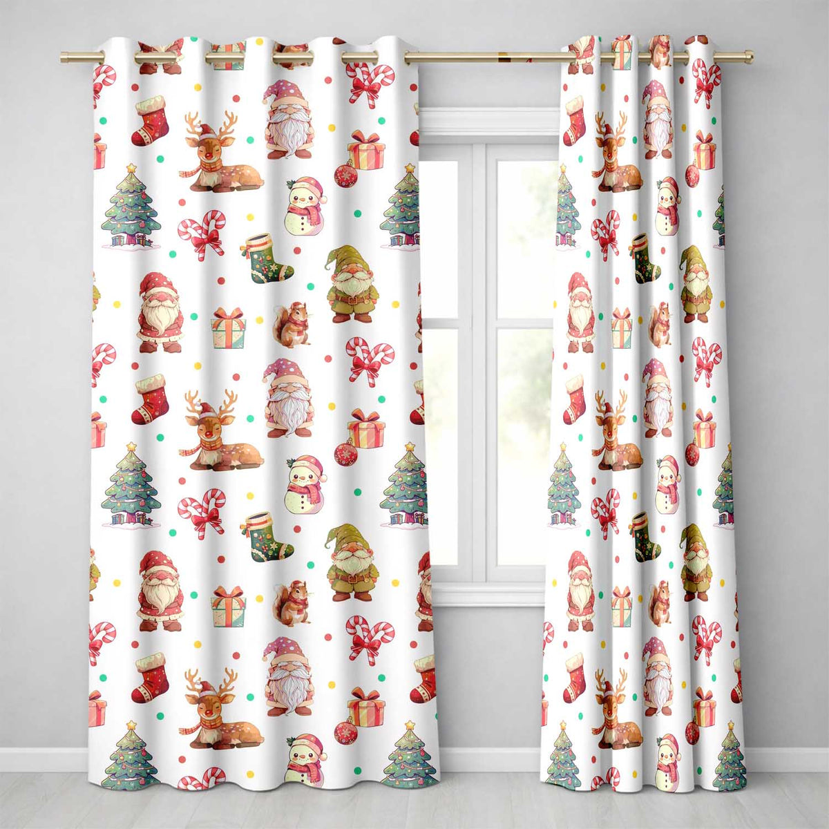 Christmas Gnome Reindeer Snowman Gift  on Cream Polka Dot Background Seamless  Readymade Eyelet Ring Top Thermal 100% Blackout Curtains