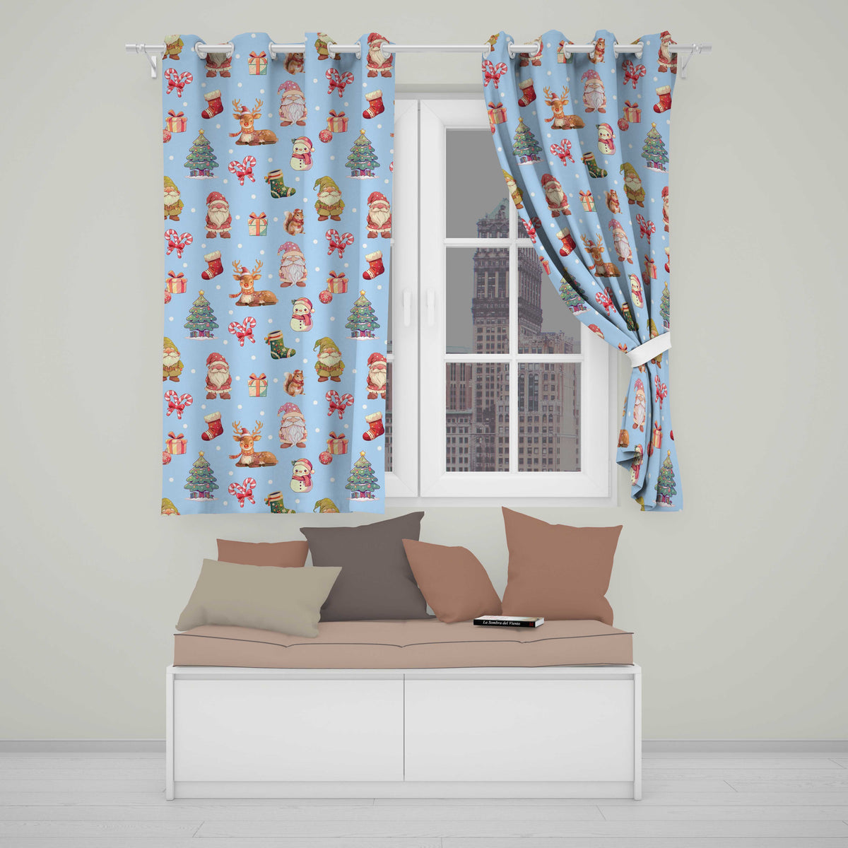 Christmas Gnome Reindeer Snowman Gift  on Blue Snow Dot Background Seamless  Readymade Eyelet Ring Top Thermal 100% Blackout Curtains