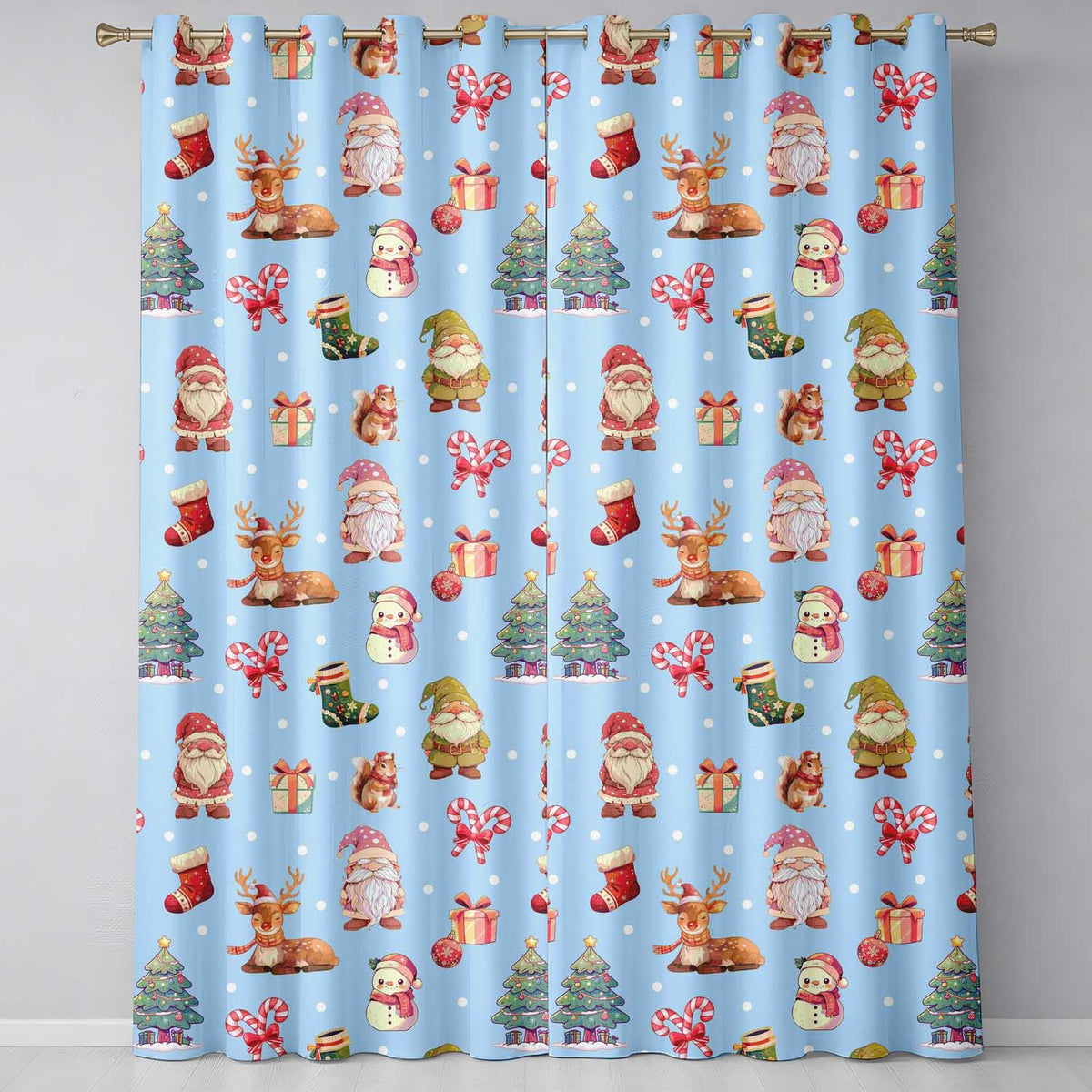 Christmas Gnome Reindeer Snowman Gift  on Blue Snow Dot Background Seamless  Readymade Eyelet Ring Top Thermal 100% Blackout Curtains