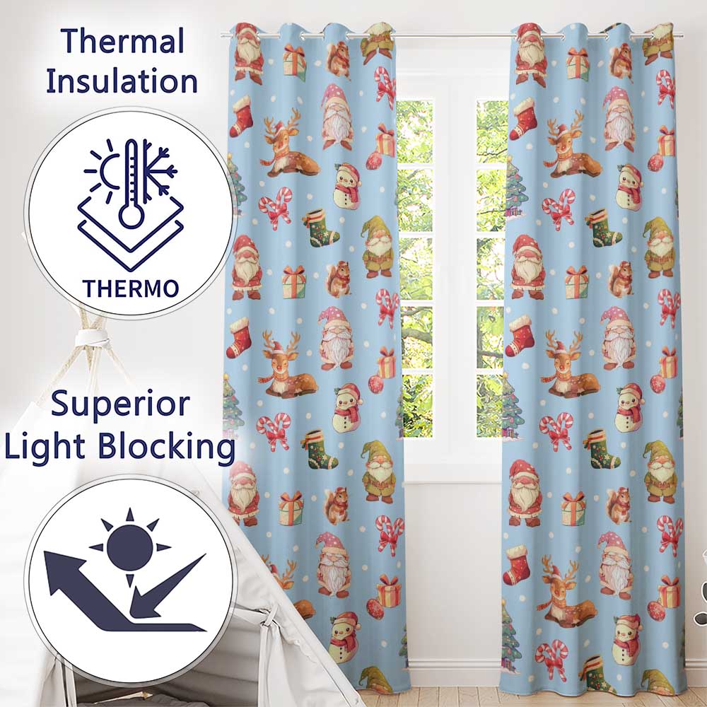 Christmas Gnome Reindeer Snowman Gift  on Blue Snow Dot Background Seamless  Readymade Eyelet Ring Top Thermal 100% Blackout Curtains