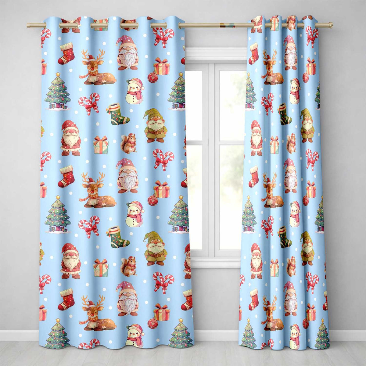 Christmas Gnome Reindeer Snowman Gift  on Blue Snow Dot Background Seamless  Readymade Eyelet Ring Top Thermal 100% Blackout Curtains
