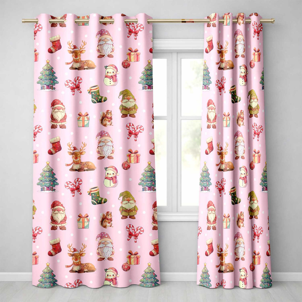 Christmas Gnome Reindeer Snowman Gift  on Pink Snow Dot Background Seamless  Readymade Eyelet Ring Top Thermal 100% Blackout Curtains