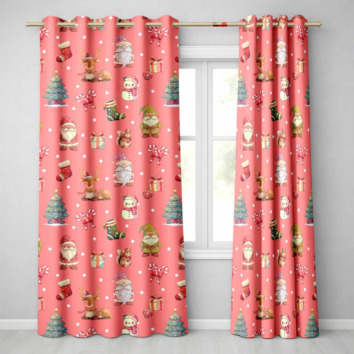 Christmas Gnome Reindeer Snowman Gift  on Red Snow Dot Background Seamless  Readymade Eyelet Ring Top Thermal 100% Blackout Curtains