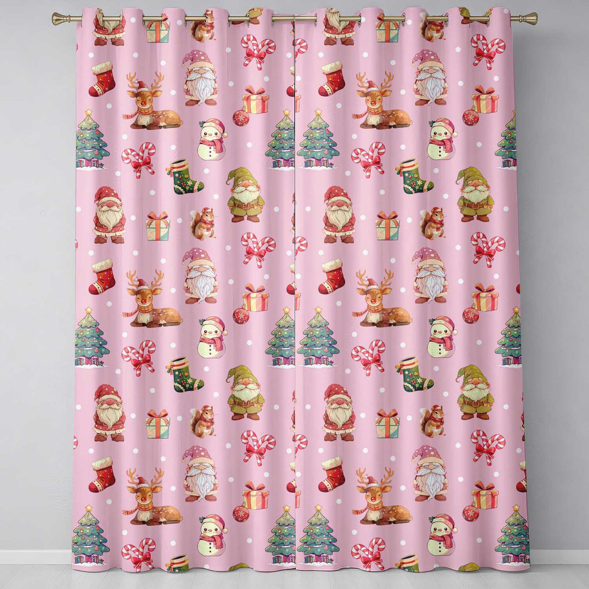 Christmas Gnome Reindeer Snowman Gift  on Pink Snow Dot Background Seamless  Readymade Eyelet Ring Top Thermal 100% Blackout Curtains