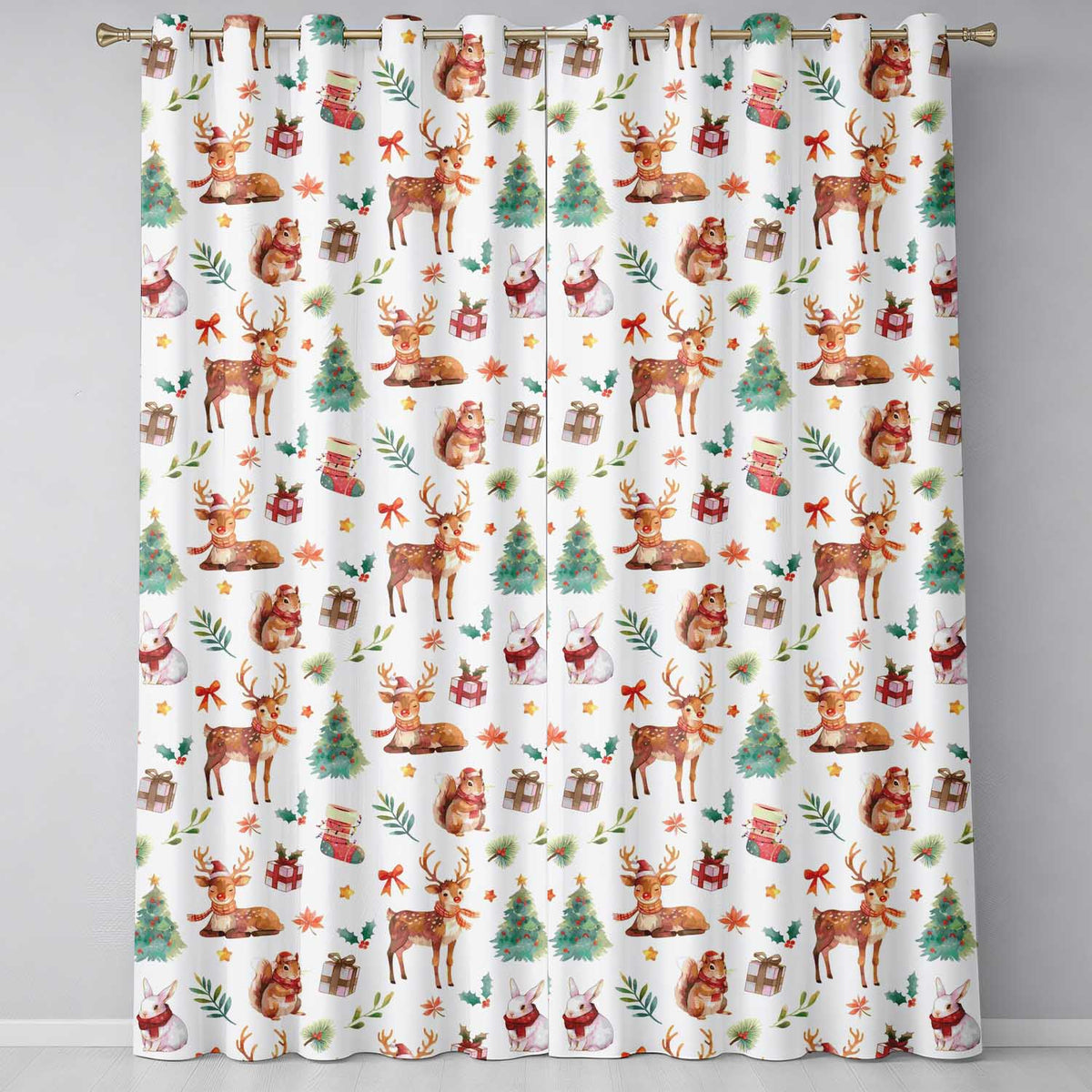 Christmas Reindeer Squirrel Gift Festive Elements on Cream Background Seamless  Readymade Eyelet Ring Top Thermal 100% Blackout Curtains