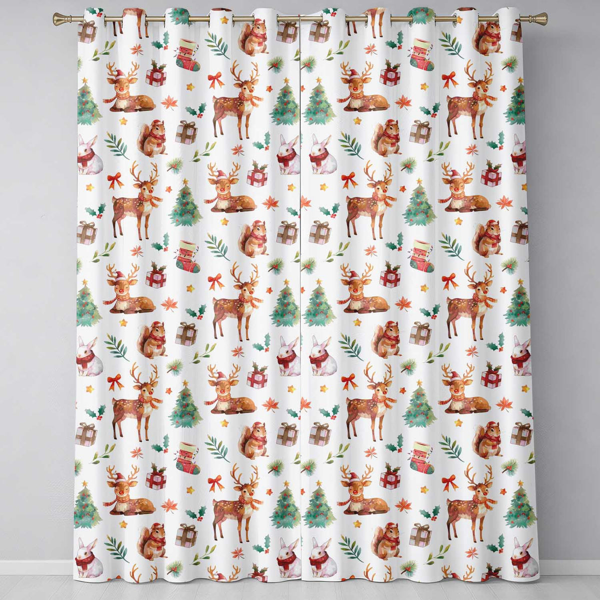 Christmas Reindeer Squirrel  Gift Festive Elements White Background Seamless  Readymade Eyelet Ring Top Thermal 100% Blackout Curtains
