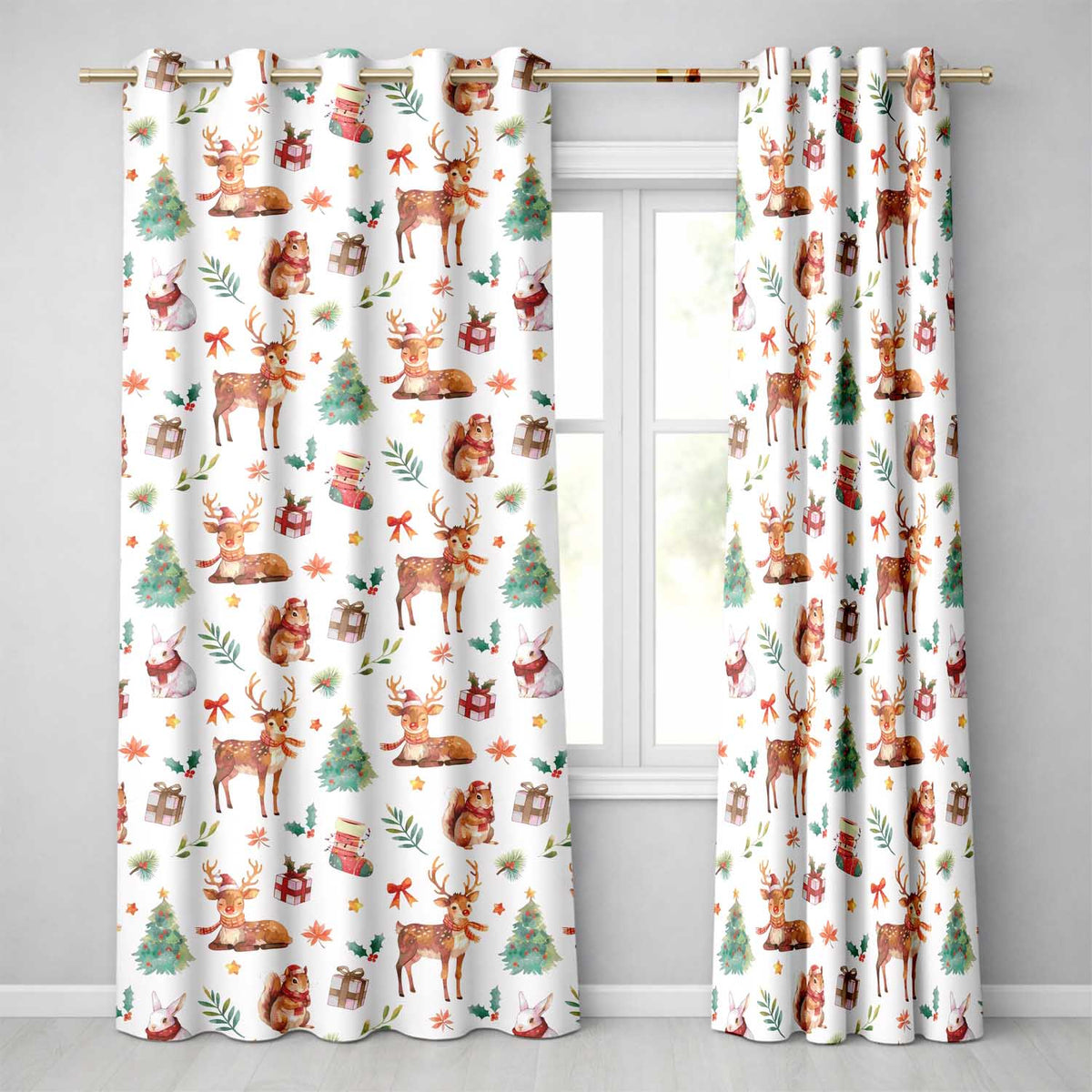Christmas Reindeer Squirrel  Gift Festive Elements White Background Seamless  Readymade Eyelet Ring Top Thermal 100% Blackout Curtains