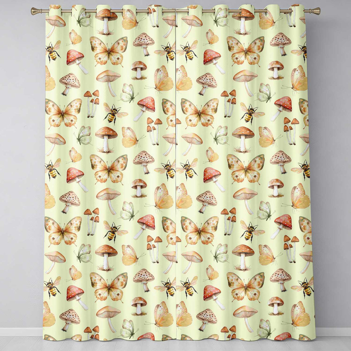 Vintage Butterfly Bees Mushrooms  Illustration Sage Green Background Seamless  Readymade Eyelet Ring Top Thermal 100% Blackout Curtains