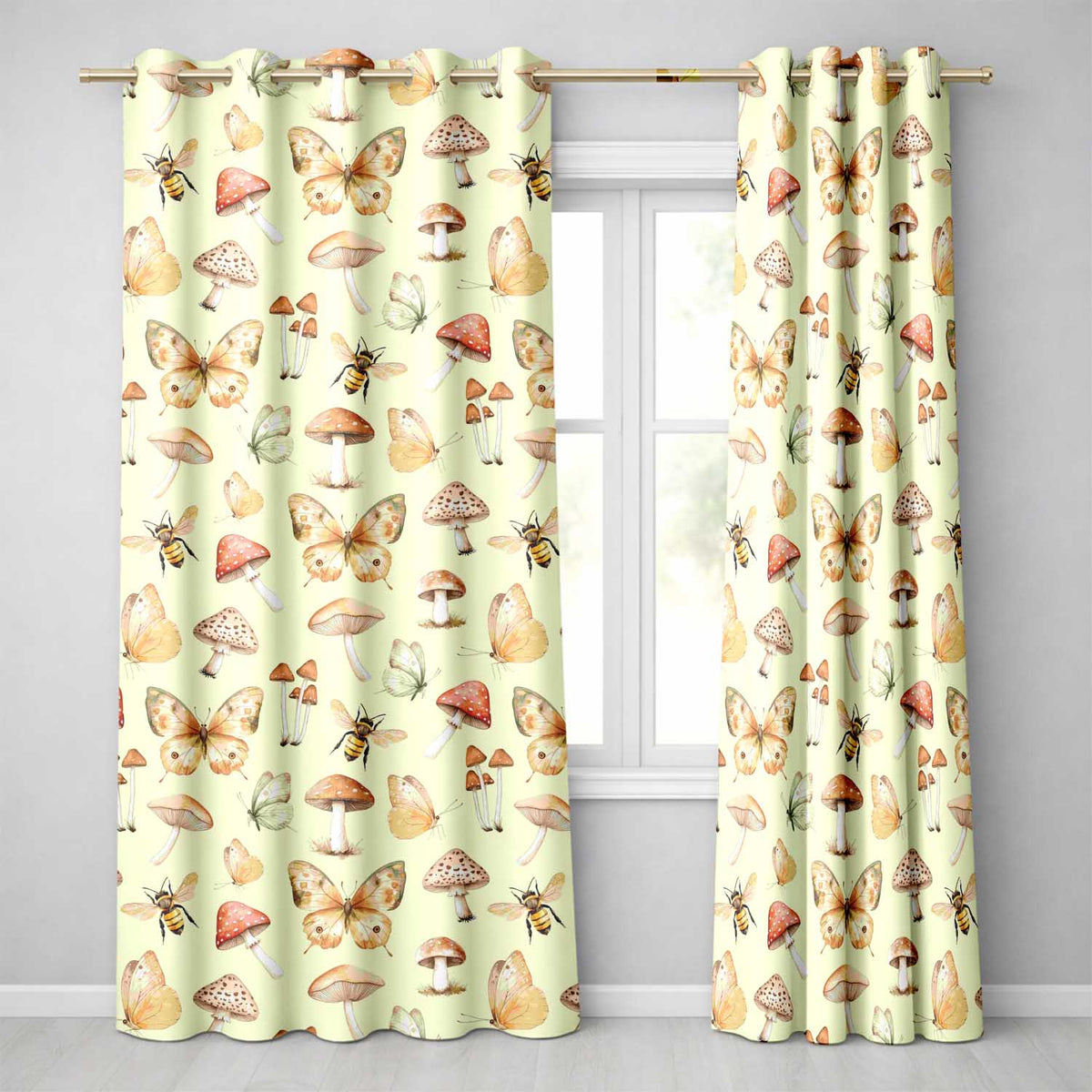 Vintage Butterfly Bees Mushrooms  Illustration Sage Green Background Seamless  Readymade Eyelet Ring Top Thermal 100% Blackout Curtains