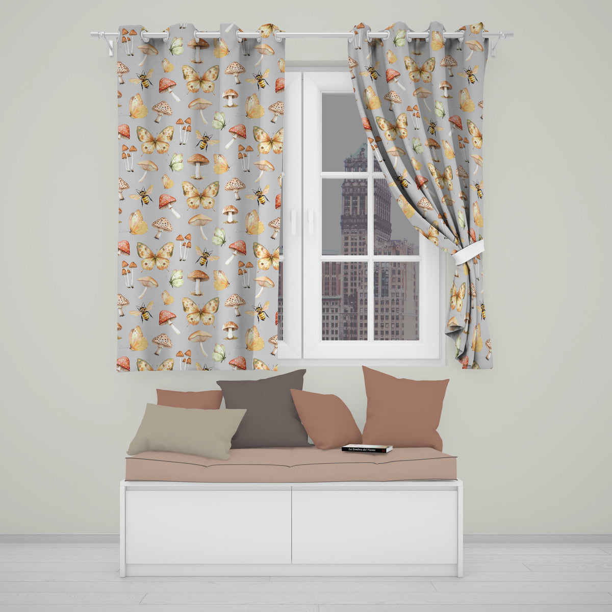 Vintage Butterfly Bees Mushrooms  Illustration Soft Grey Background Seamless  Readymade Eyelet Ring Top Thermal 100% Blackout Curtains