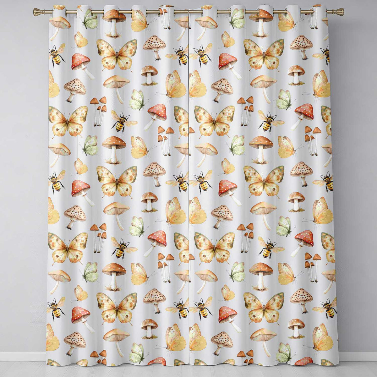 Vintage Butterfly Bees Mushrooms  Illustration Dusty Blue Background Seamless  Readymade Eyelet Ring Top Thermal 100% Blackout Curtains