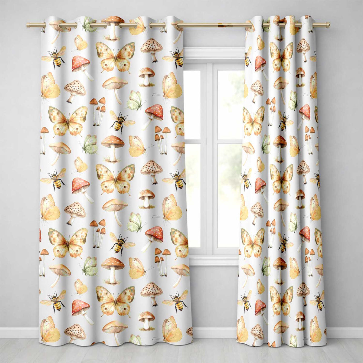 Vintage Butterfly Bees Mushrooms  Illustration Soft Background Seamless  Readymade Eyelet Ring Top Thermal 100% Blackout Curtains