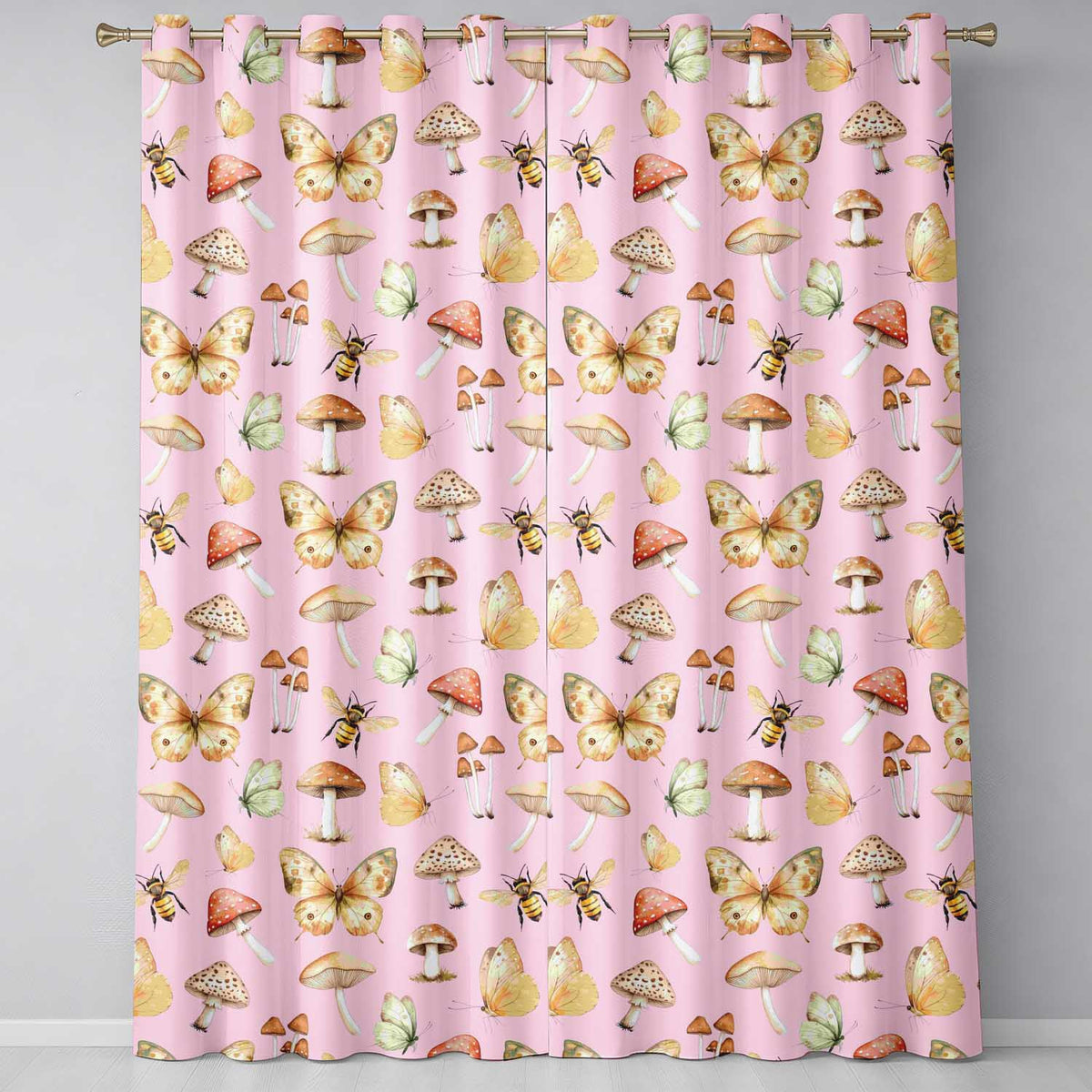 Vintage Butterfly Bees Mushrooms  Illustration Soft Pink Background Seamless  Readymade Eyelet Ring Top Thermal 100% Blackout Curtains