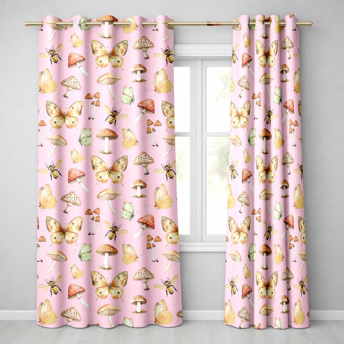Vintage Butterfly Bees Mushrooms  Illustration Soft Pink Background Seamless  Readymade Eyelet Ring Top Thermal 100% Blackout Curtains