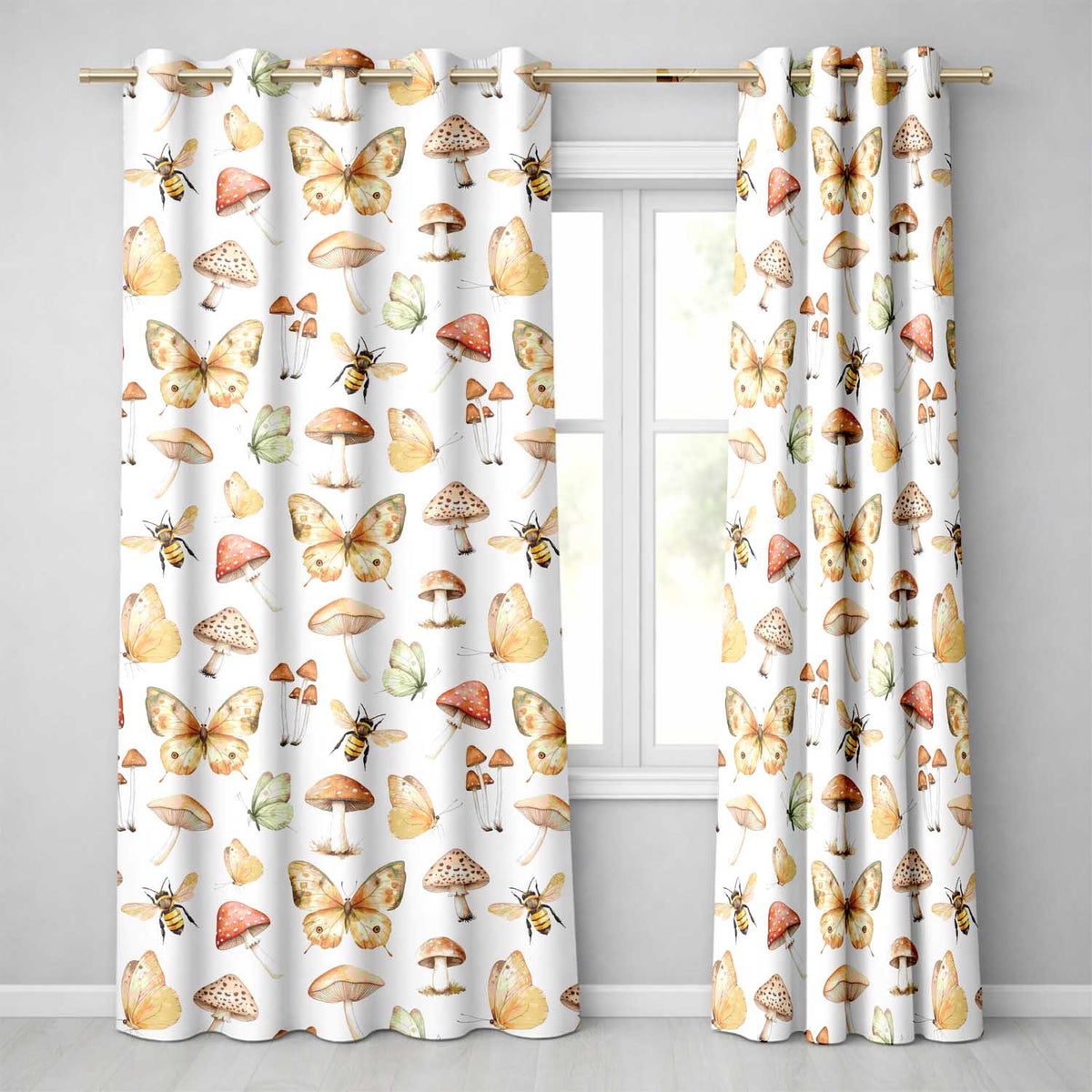 Vintage Butterfly Bees Mushrooms  Illustration Light Grey Background Seamless  Readymade Eyelet Ring Top Thermal 100% Blackout Curtains