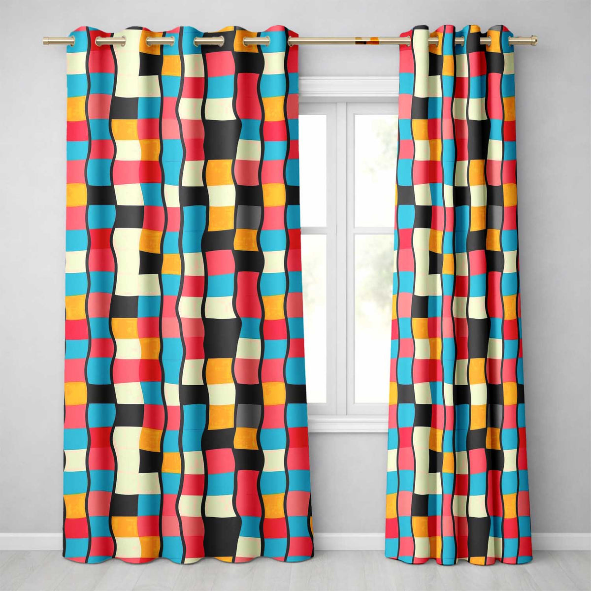 Abstract Geometric Blocks Bold Primary Color Grid Modern Seamless Pattern  Readymade Eyelet Ring Top Thermal 100% Blackout Curtains