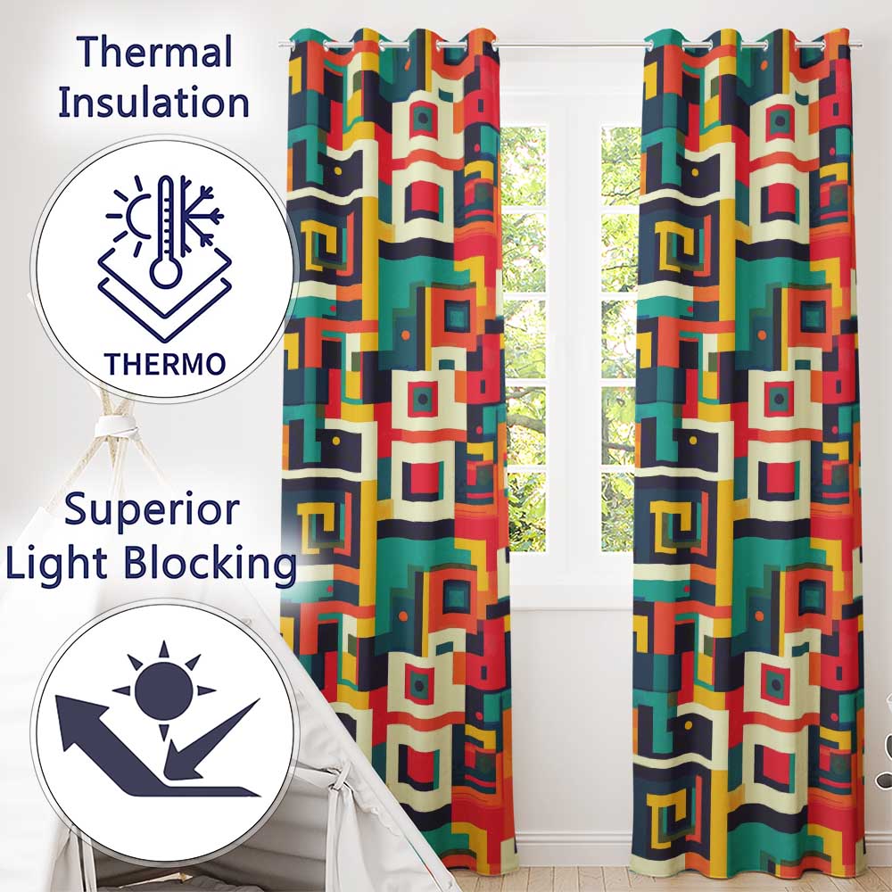 Abstract Colorful Geometric Blocks Modern Art Seamless Pattern  Readymade Eyelet Ring Top Thermal 100% Blackout Curtains