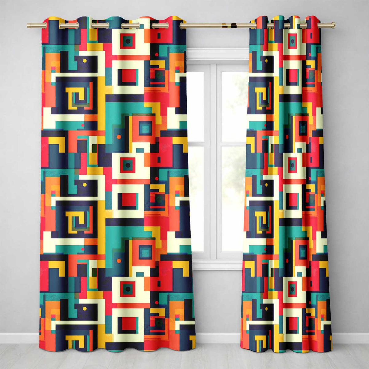 Abstract Colorful Geometric Blocks Modern Art Seamless Pattern  Readymade Eyelet Ring Top Thermal 100% Blackout Curtains
