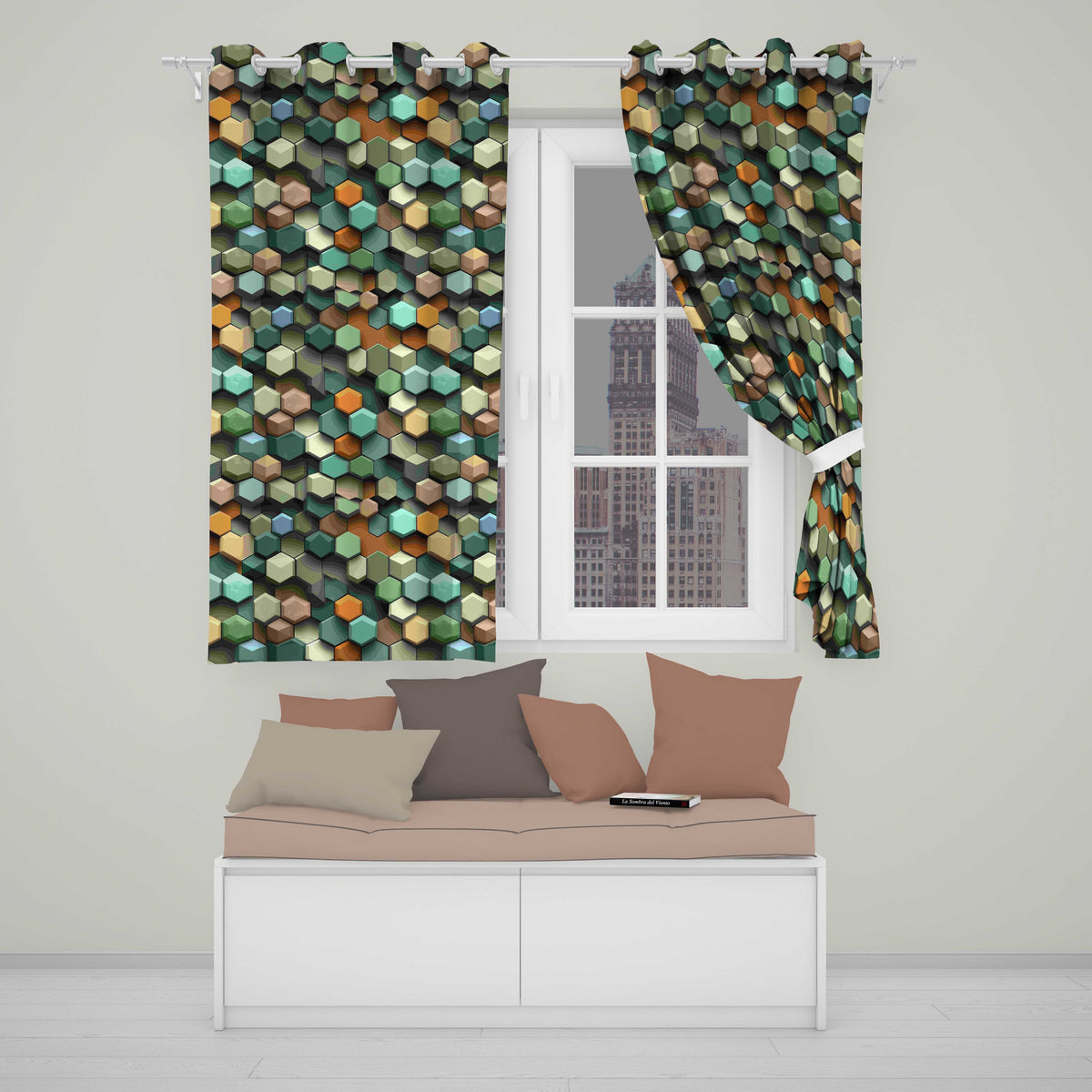 Abstract 3D Hexagon Mosaic Modern Geometric Seamless Pattern  Readymade Eyelet Ring Top Thermal 100% Blackout Curtains