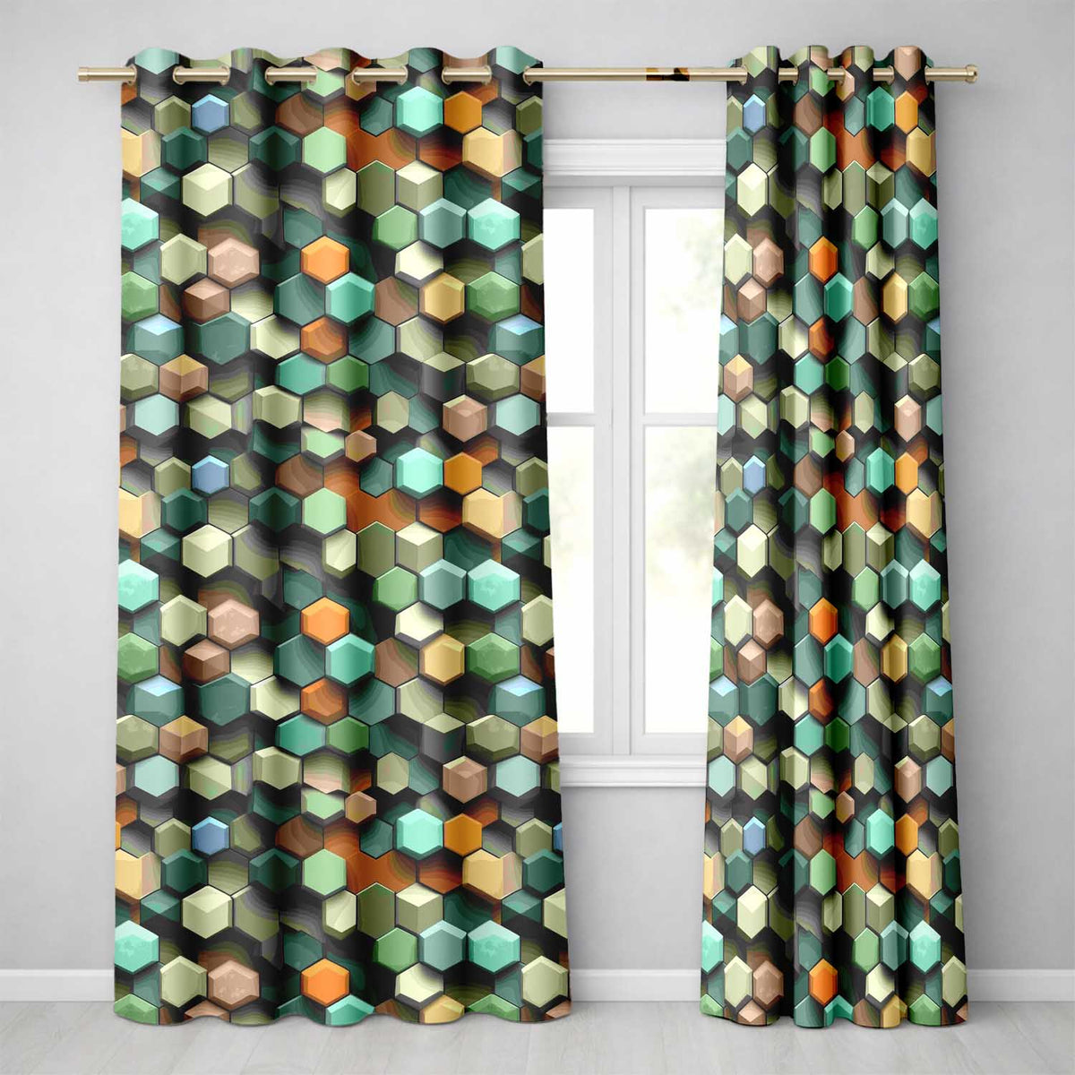 Abstract 3D Hexagon Mosaic Modern Geometric Seamless Pattern  Readymade Eyelet Ring Top Thermal 100% Blackout Curtains