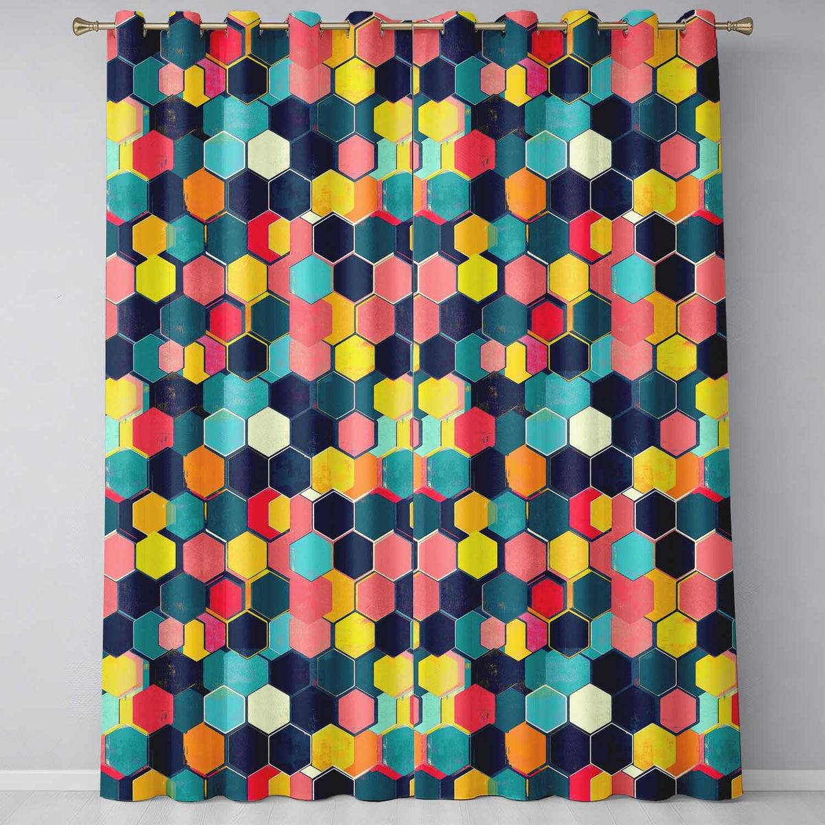 Abstract Colorful Hexagon Tile Geometric Seamless Pattern  Readymade Eyelet Ring Top Thermal 100% Blackout Curtains