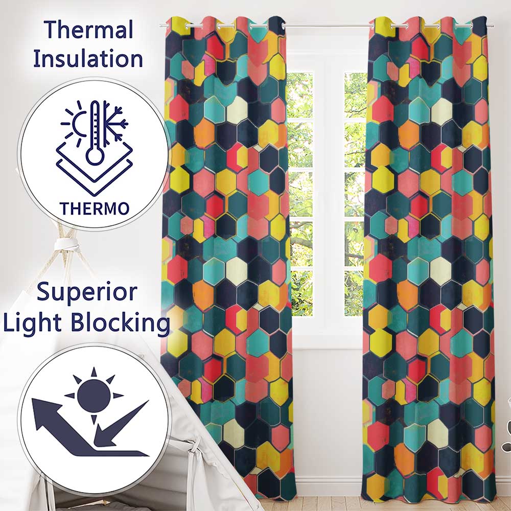 Abstract Colorful Hexagon Tile Geometric Seamless Pattern  Readymade Eyelet Ring Top Thermal 100% Blackout Curtains