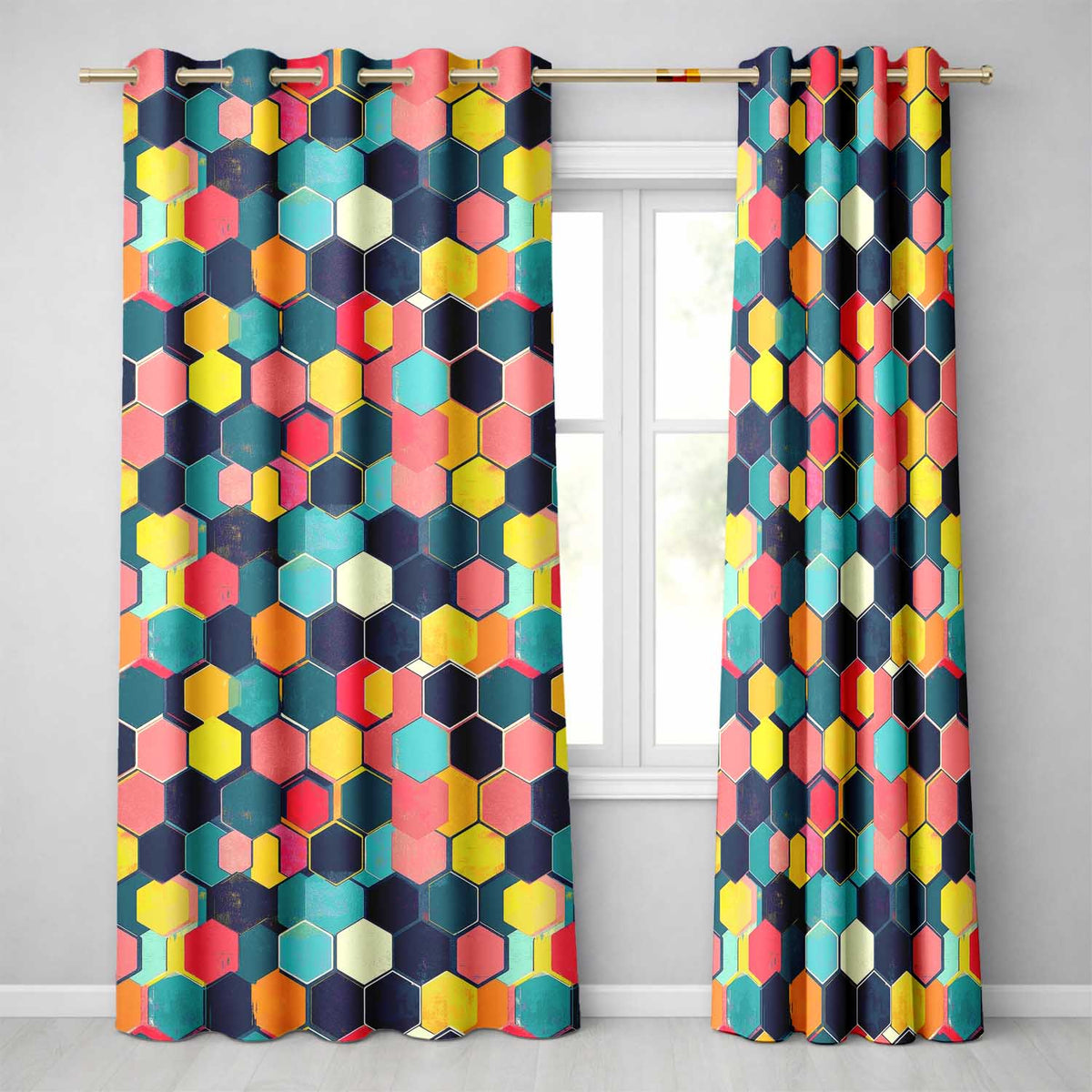 Abstract Colorful Hexagon Tile Geometric Seamless Pattern  Readymade Eyelet Ring Top Thermal 100% Blackout Curtains