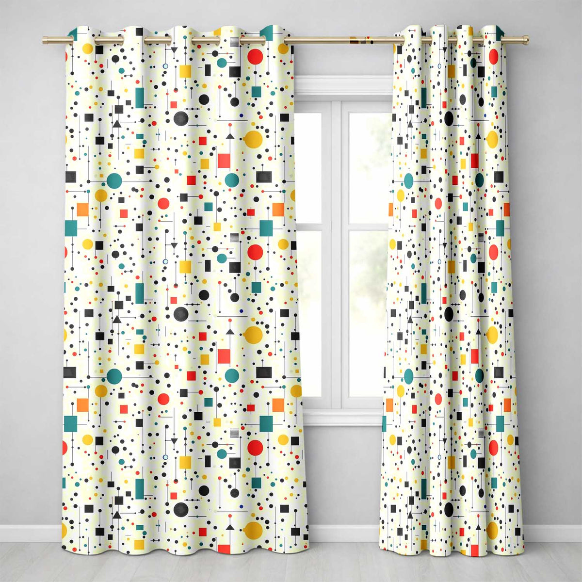 Abstract Modern Bauhaus Style Lines Dots Seamless Pattern  Readymade Eyelet Ring Top Thermal 100% Blackout Curtains
