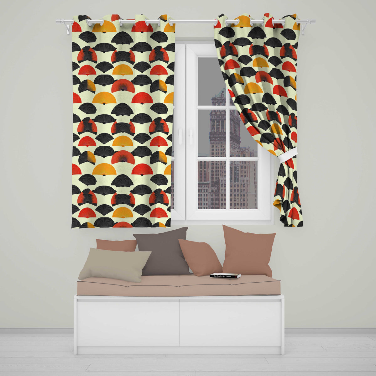 Abstract Japanese Folding Fan Minimal Seamless Pattern  Readymade Eyelet Ring Top Thermal 100% Blackout Curtains