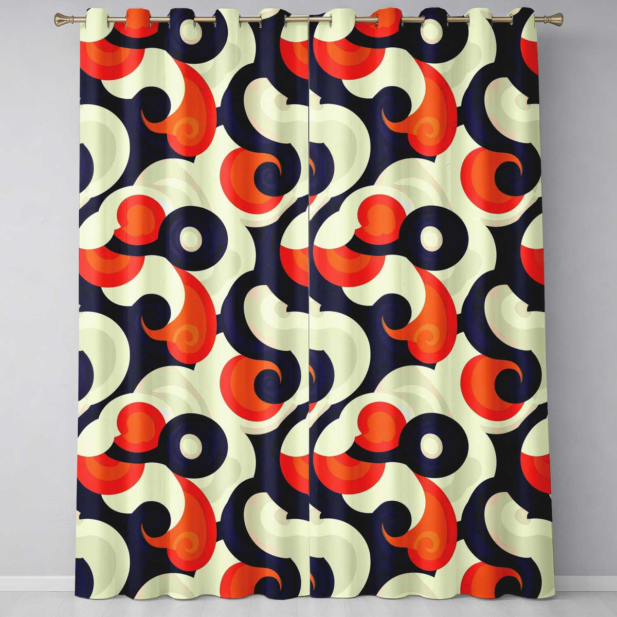 Abstract  Swirl Shapes Bold Contrast Seamless Pattern  Readymade Eyelet Ring Top Thermal 100% Blackout Curtains