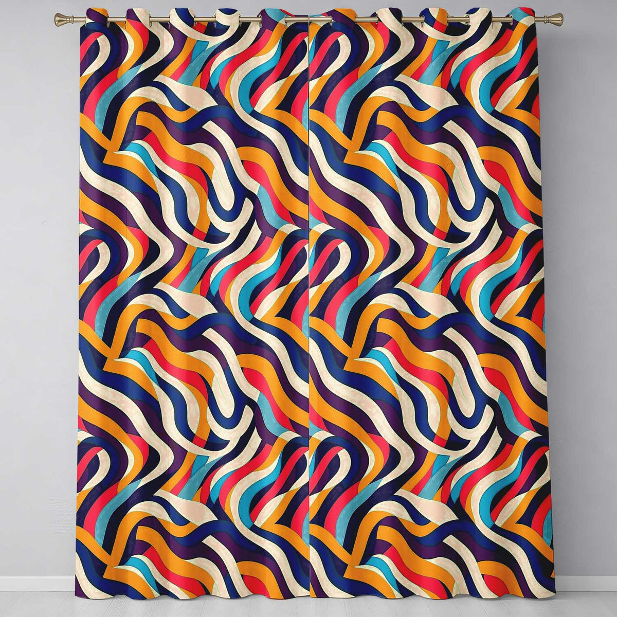 Abstract Flowing Ribbon Waves Bold  Colors Seamless Pattern  Readymade Eyelet Ring Top Thermal 100% Blackout Curtains