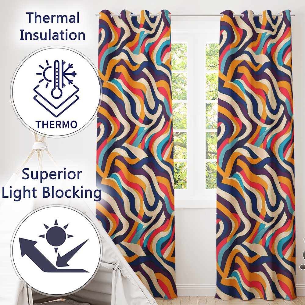 Abstract Flowing Ribbon Waves Bold  Colors Seamless Pattern  Readymade Eyelet Ring Top Thermal 100% Blackout Curtains