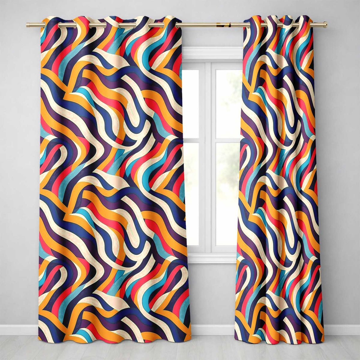 Abstract Flowing Ribbon Waves Bold  Colors Seamless Pattern  Readymade Eyelet Ring Top Thermal 100% Blackout Curtains