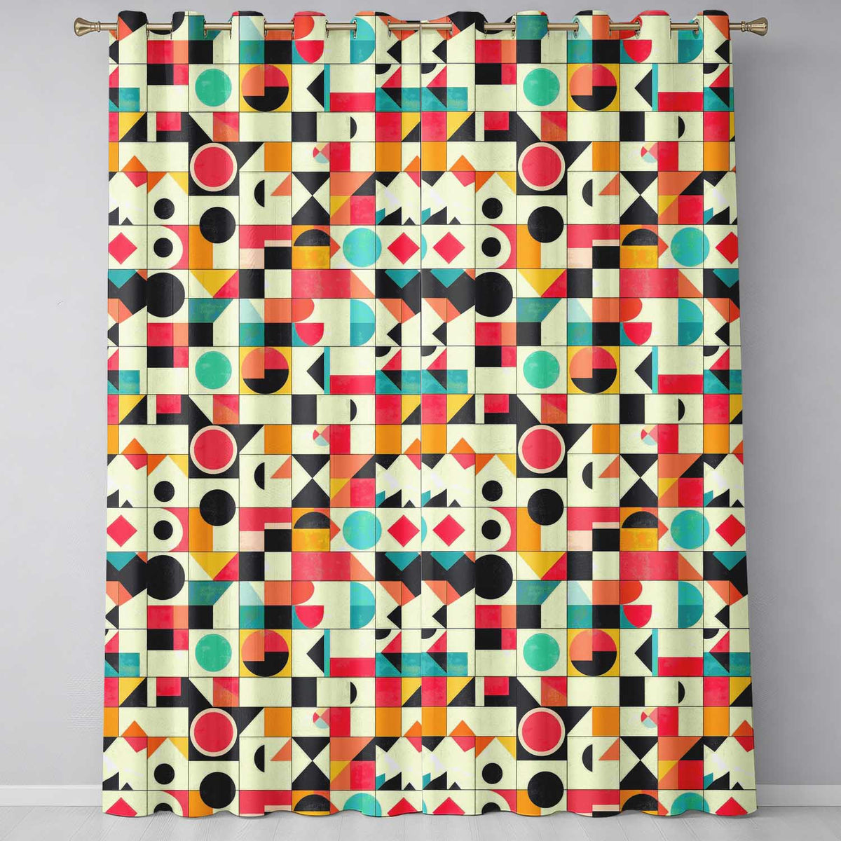 Abstract Bauhaus Geometric Color Block  Grid Seamless Pattern  Readymade Eyelet Ring Top Thermal 100% Blackout Curtains