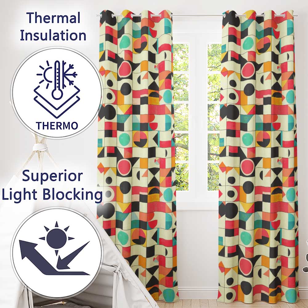 Abstract Bauhaus Geometric Color Block  Grid Seamless Pattern  Readymade Eyelet Ring Top Thermal 100% Blackout Curtains