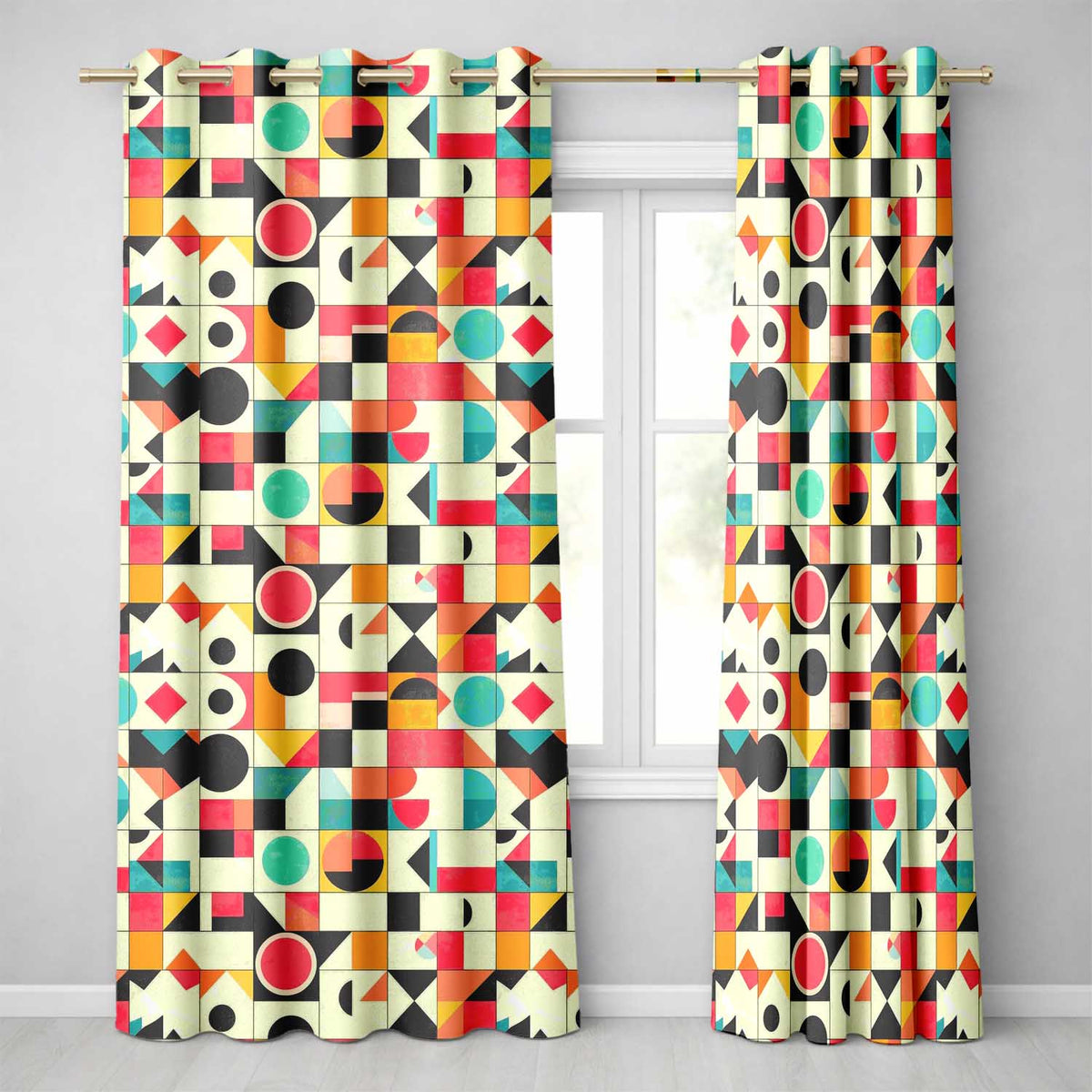 Abstract Bauhaus Geometric Color Block  Grid Seamless Pattern  Readymade Eyelet Ring Top Thermal 100% Blackout Curtains