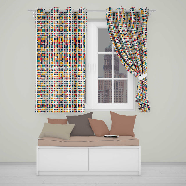 Colorful Mosaic Squares Irregular Grid Modern Seamless Pattern  Readymade Eyelet Ring Top Thermal 100% Blackout Curtains