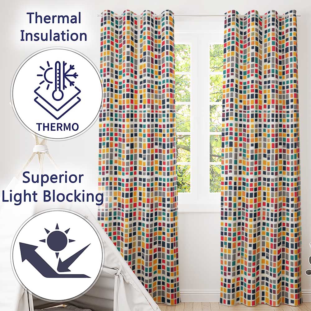 Colorful Mosaic Squares Irregular Grid Modern Seamless Pattern  Readymade Eyelet Ring Top Thermal 100% Blackout Curtains