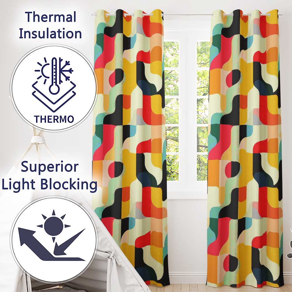 Geometric Color Block Rounded Shapes Modern Seamless Pattern  Readymade Eyelet Ring Top Thermal 100% Blackout Curtains