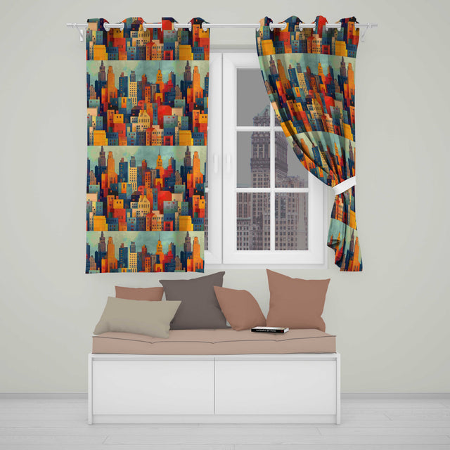 Colorful Stylized Urban City Buildings Illustration Seamless Pattern  Readymade Eyelet Ring Top Thermal 100% Blackout Curtains