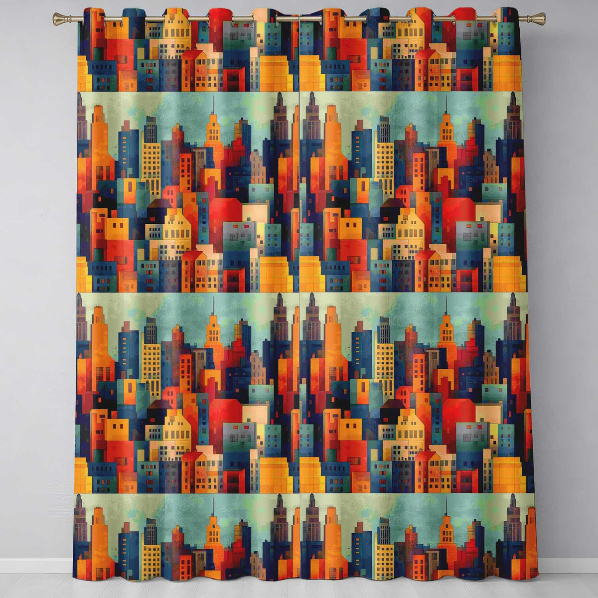 Colorful Stylized Urban City Buildings Illustration Seamless Pattern  Readymade Eyelet Ring Top Thermal 100% Blackout Curtains